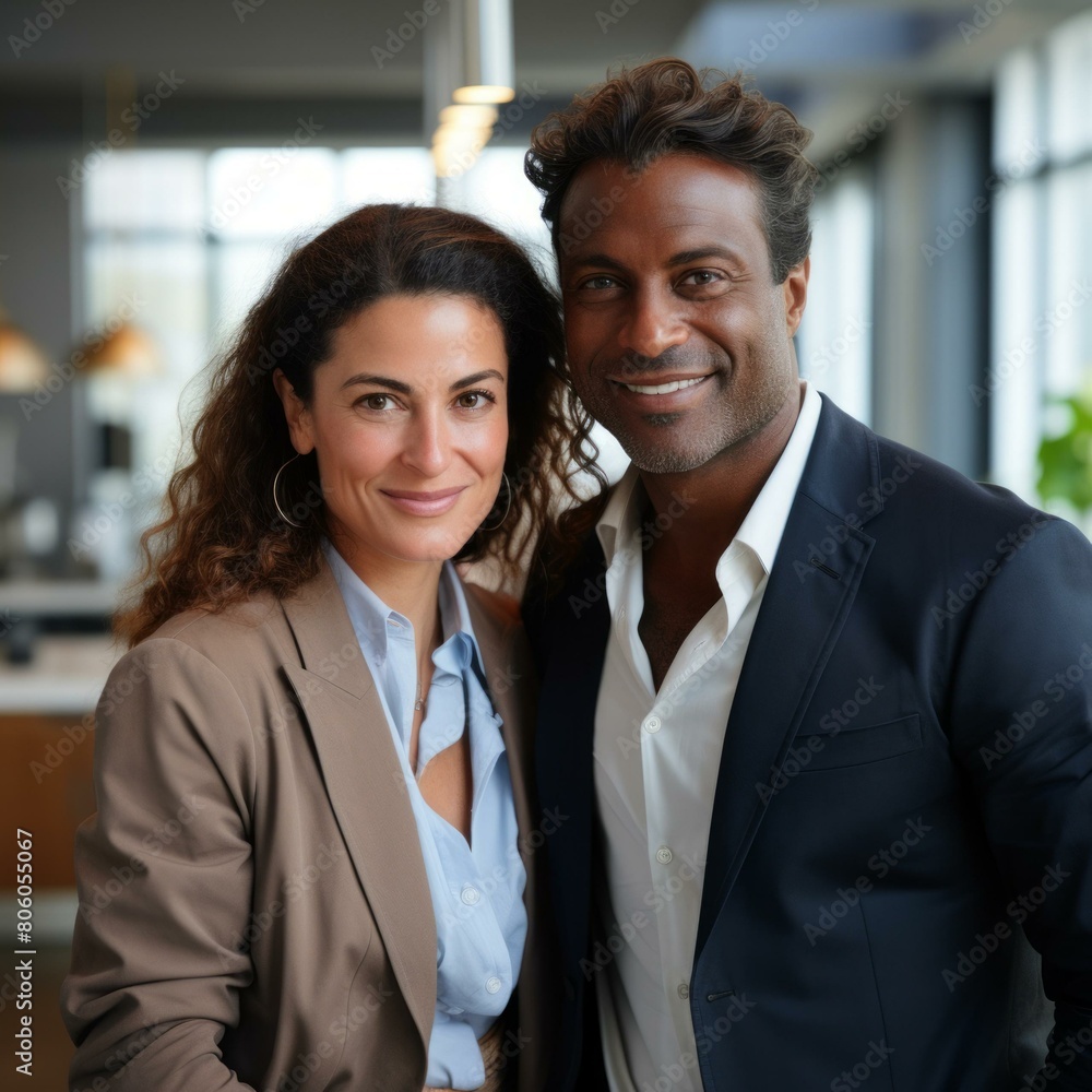 A smiling man and woman of color stand closely together in a modern office space