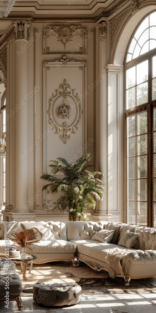 Fototapeta premium Ornate living room with a large arched window and a seating area