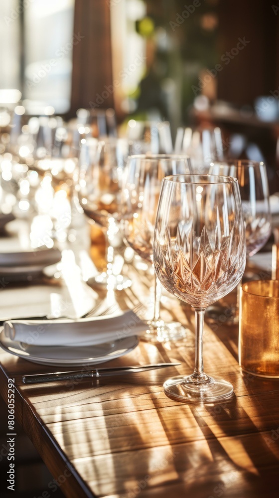 Crystal wine glasses on a wooden table set for a dinner party Crystal wine glasses on a wooden table set for a dinner party