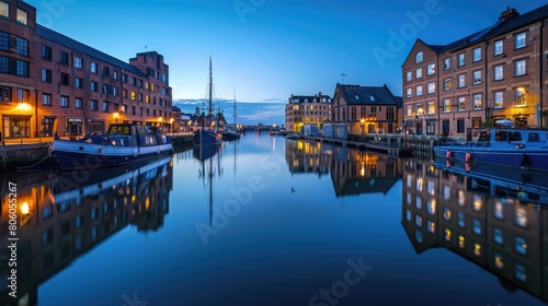 Gloucester Docks at Dusk: Stunning City Landscape with Boats, Brick Buildings, and Blue Canal Water