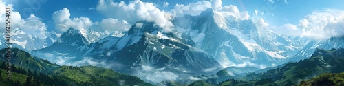 Heavenly Mountain Landscape  A Breathtaking Panorama of Nature in Summer with Snow-capped Peaks and