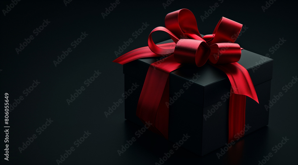 A black gift box with red ribbon on a dark background, viewed from the front in a simple composition with a highend feel, lit by soft, studio lighting at high resolution. The rendering was done in C4D A black gift box with red ribbon on a dark background, viewed from the front in a simple composition with a highend feel, lit by soft, studio lighting at high resolution. The rendering was done in C4D