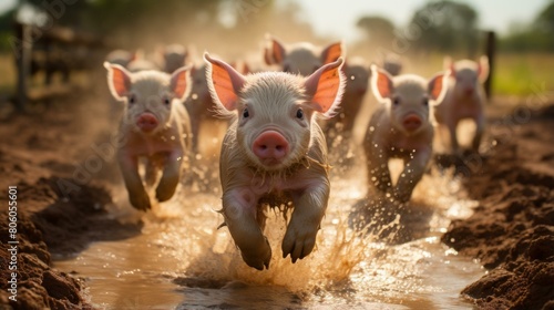 A group of piglets running in the mud photo