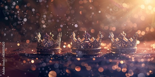 Three golden crowns on a dark red background with a golden glitter overlay. photo