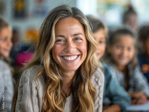 Portrait of a smiling blonde woman with blue eyes in a classroom