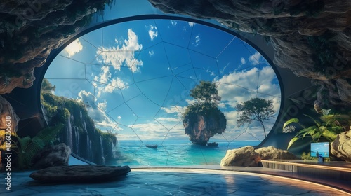 A futuristic VR dome with projections of exotic destinations  offering a 360-degree immersive travel experience.
