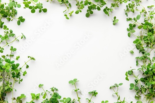 Microgreens sprouts on white background banner with copy space. Top view of vegan micro greens. Health herb concept