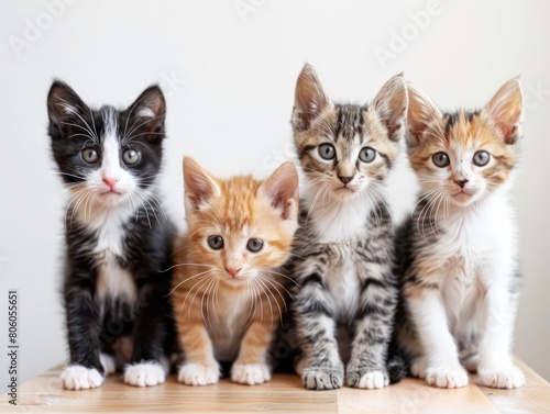 kittens, cats sitting on a table on white background
