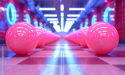 3d render of fantasy world with neon lights, glossy balls lined up photo