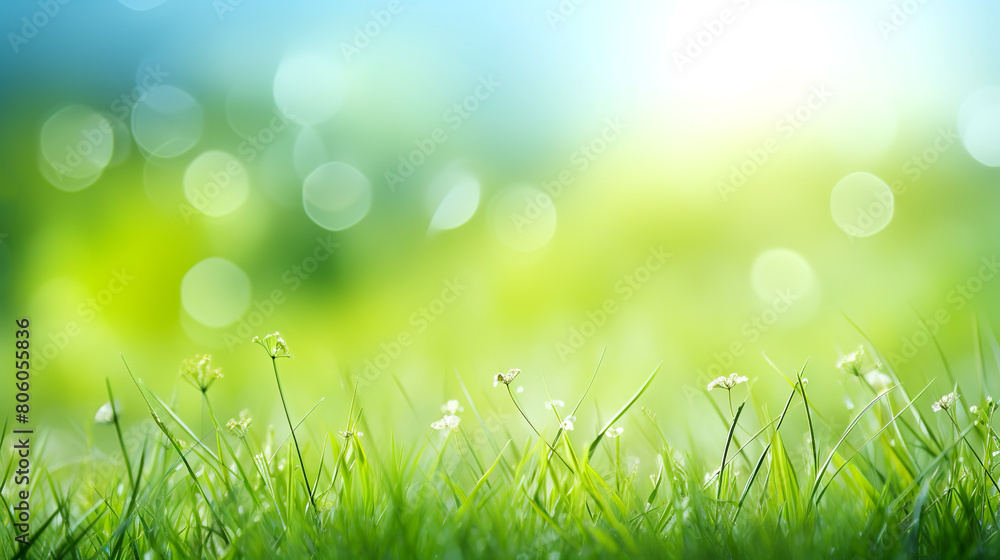 Obraz premium Green fresh grass on blurred background, summer background