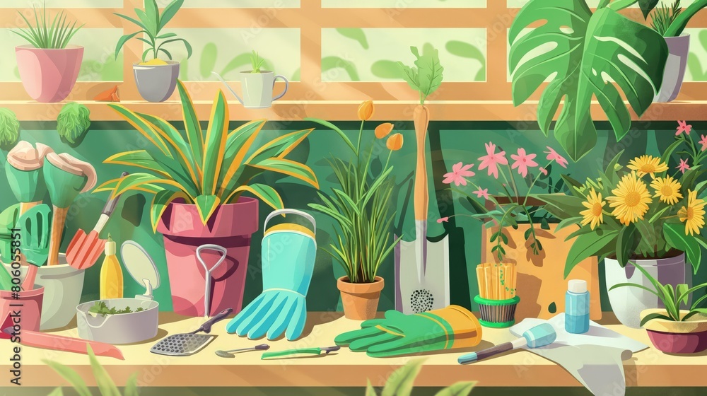 Fototapeta premium A gardening scene with tools and products like masks and gloves designed to protect from pollen while gardening.