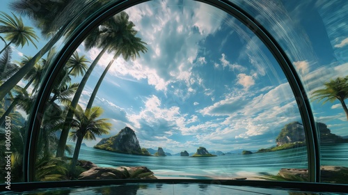 A futuristic VR dome with projections of exotic destinations, offering a 360-degree immersive travel experience.