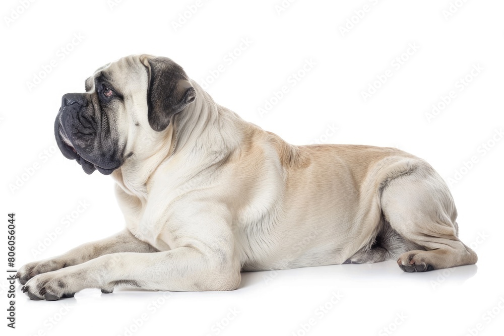 English Mastiff Dog. Large White Pedigreed Animal Lying on Side Portraying Pet Portrait English Mastiff Dog. Large White Pedigreed Animal Lying on Side Portraying Pet Portrait