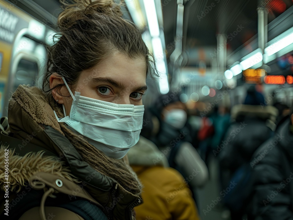 A young woman wearing a mask on a crowded subway train A young woman wearing a mask on a crowded subway train