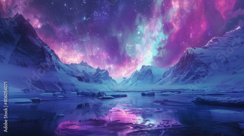 Aurora borealis landscape with mountains and icebergs in a frozen lake photo