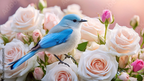 AI generated illustration of a blue bird perched on bush of roses photo