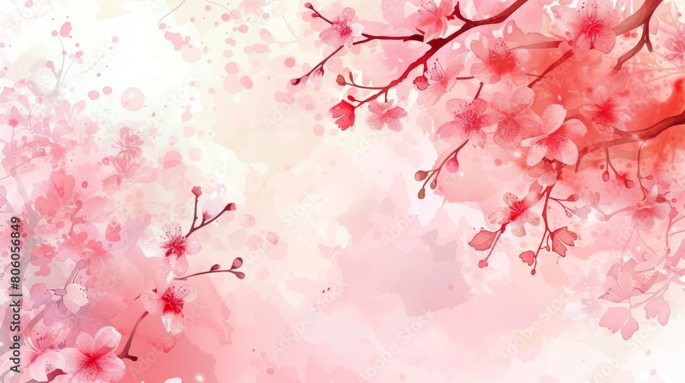 cherry blossom, watercolor background, pink and red color palette, vector illustration, white background, cherry blossoms in the foreground, very detailed, pastel colors, clipart style.
