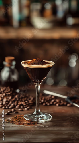 A tall cocktail glass filled with an espresso martini, showcasing the rich color and creamy texture of coffee in its liquid, set against an urban bar background with soft lighting. The drink is garnis