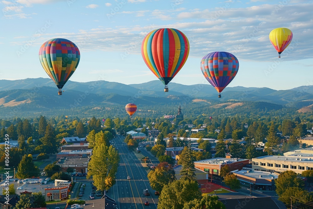 Fototapeta premium Experience the Thrill of Flying High Over Grants Pass! Six Hot Air Balloons in Flight 