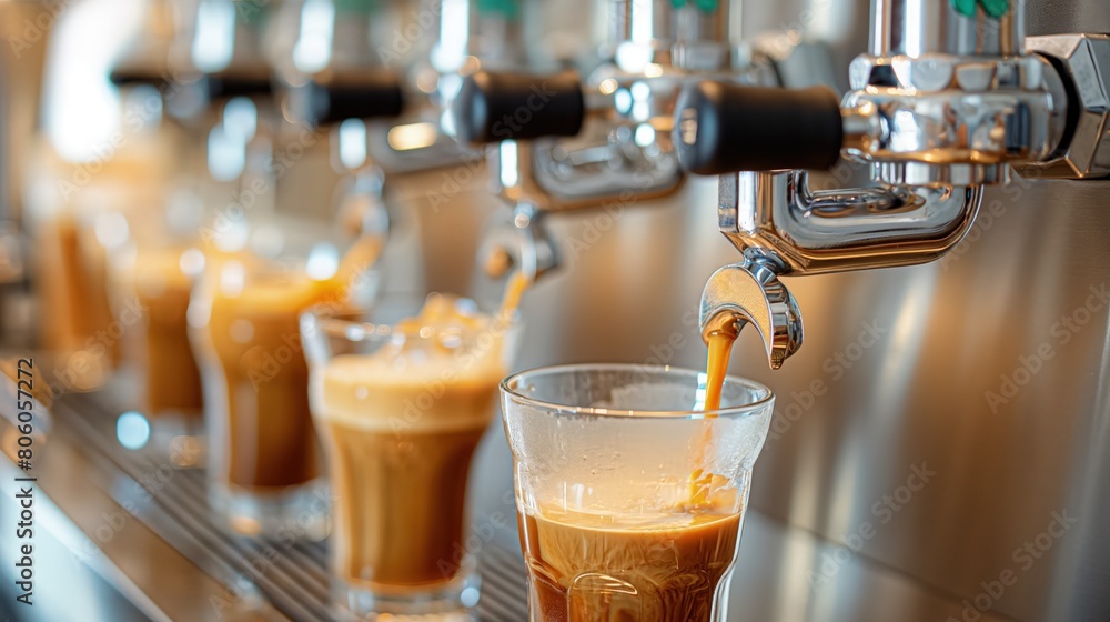 A lineup of nitro cold brew coffee taps at a trendy caf?(C), each tap pouring a smooth, creamy coffee into stylish glassware. A lineup of nitro cold brew coffee taps at a trendy caf?(C), each tap pouring a smooth, creamy coffee into stylish glassware.