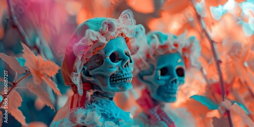 Two Skeletons Wearing Blue Lace Dresses