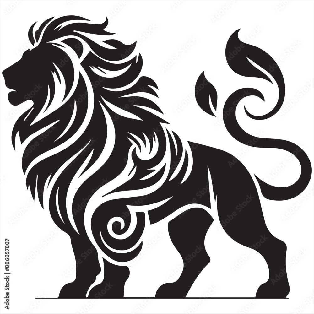 a black and white drawing of a lion with a white stripe. a black and white drawing of a lion with a white stripe.