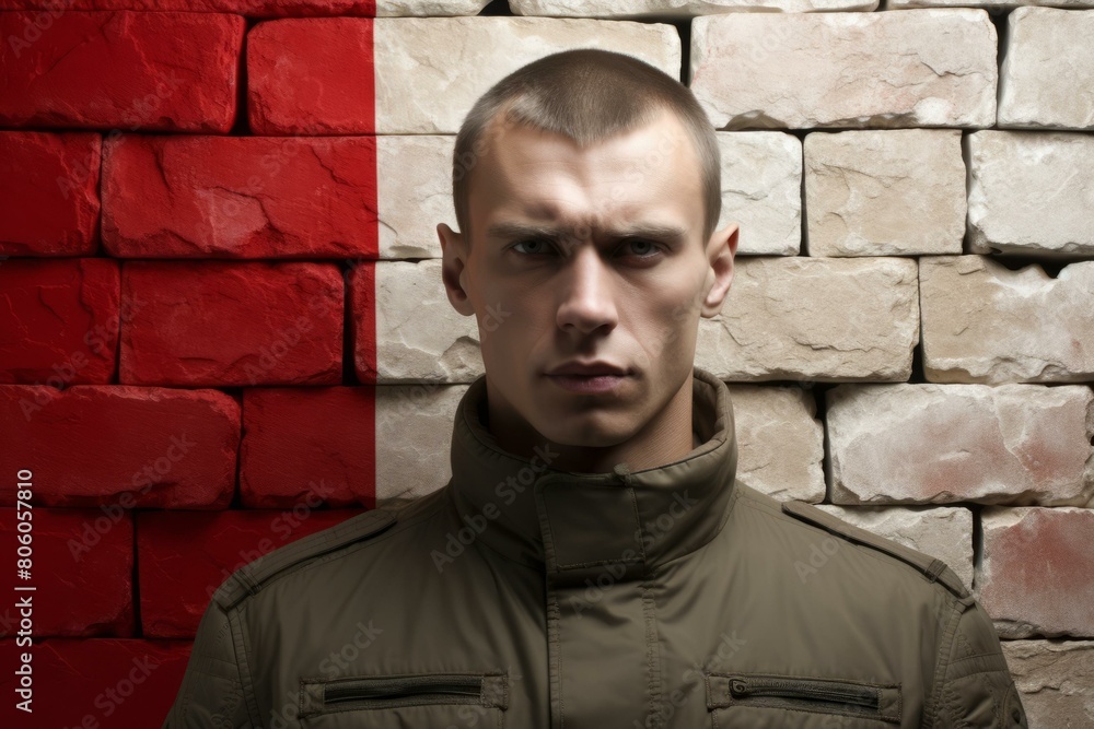 A man with a shaved head and a serious expression is standing in front of a brick wall. A man with a shaved head and a serious expression is standing in front of a brick wall.