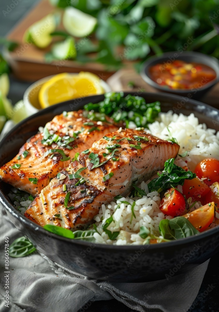 Grilled salmon with rice, cherry tomatoes and spinach in a bowl Grilled salmon with rice, cherry tomatoes and spinach in a bowl