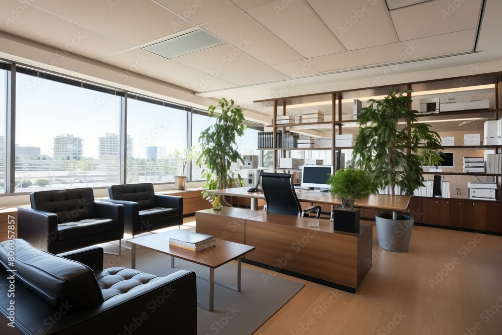 A modern office with a large desk, a comfortable seating area, and a beautiful view of the city A modern office with a large desk, a comfortable seating area, and a beautiful view of the city