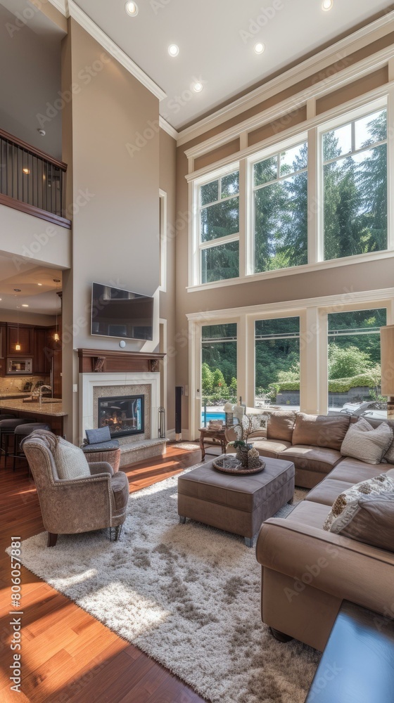 Fototapeta premium Modern living room interior design with large windows and high ceiling