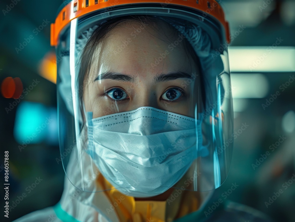Close-up portrait of a female healthcare worker wearing a face mask and face shield. Close-up portrait of a female healthcare worker wearing a face mask and face shield.