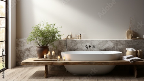 Bathroom With Large Bathtub and Natural Elements