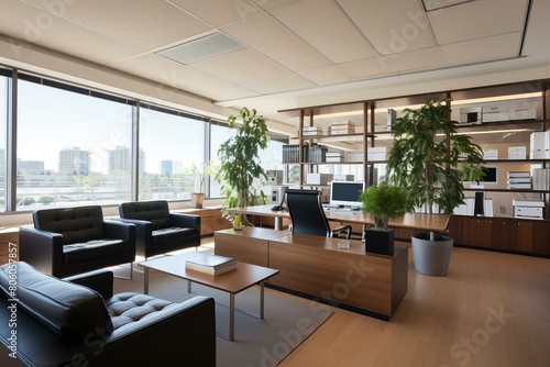 A modern office with a large desk, a comfortable seating area, and a beautiful view of the city © Adobe Contributor