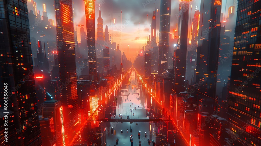 Fototapeta premium Craft a digital rendering using CG 3D technology to depict a futuristic cityscape with wide-angle mirror symmetry Show dynamic angles and reflections that emphasize the vibrant energy of the city