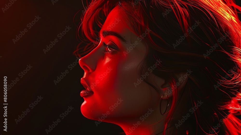 Craft a digital rendering of a cinematic Lady in red from a side angle, reminiscent of classic movie scenes Employ photorealistic techniques to enhance her allure and grace, set boldly against a deep Craft a digital rendering of a cinematic Lady in red from a side angle, reminiscent of classic movie scenes Employ photorealistic techniques to enhance her allure and grace, set boldly against a deep