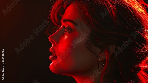 Craft a digital rendering of a cinematic Lady in red from a side angle, reminiscent of classic movie scenes Employ photorealistic techniques to enhance her allure and grace, set boldly against a deep