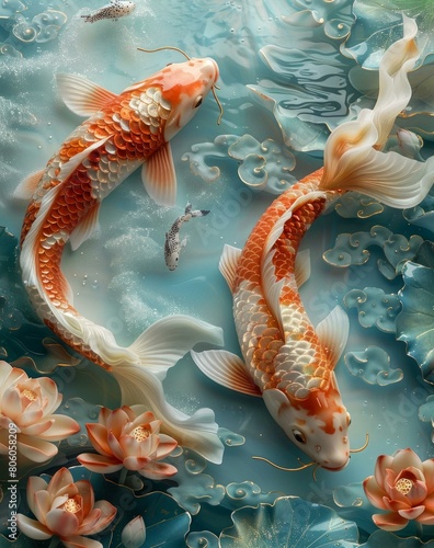 Two koi fish are swimming in a pond with water lilies photo