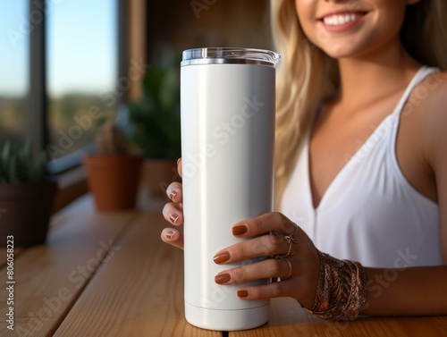 An attractive blonde woman holding a white tumbler mug with a clear lid photo
