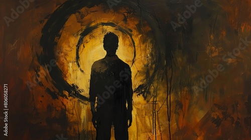 Craft a dramatic scene with a high-angle view of a stylized man, his silhouette mirroring an intricate symbol, rendered in bold acrylic strokes