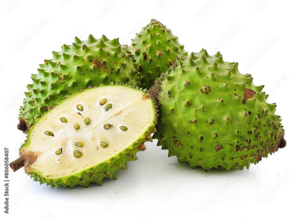 Close-Up Soursop Fruit Isolated on White Background. Exotic and Healthy Nourishment Packed Close-Up Soursop Fruit Isolated on White Background. Exotic and Healthy Nourishment Packed