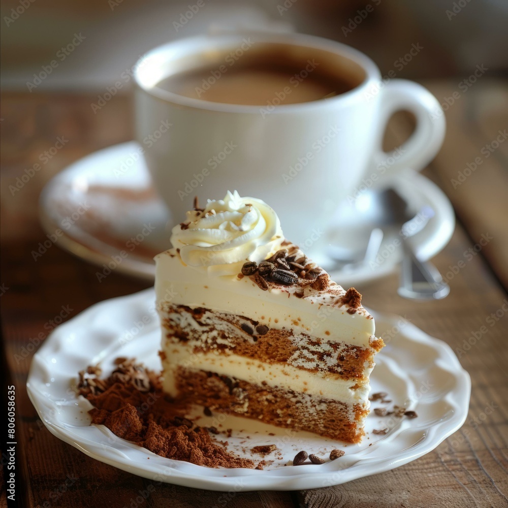 A delicious slice of cake on a white plate with a cup of coffee in the background A delicious slice of cake on a white plate with a cup of coffee in the background
