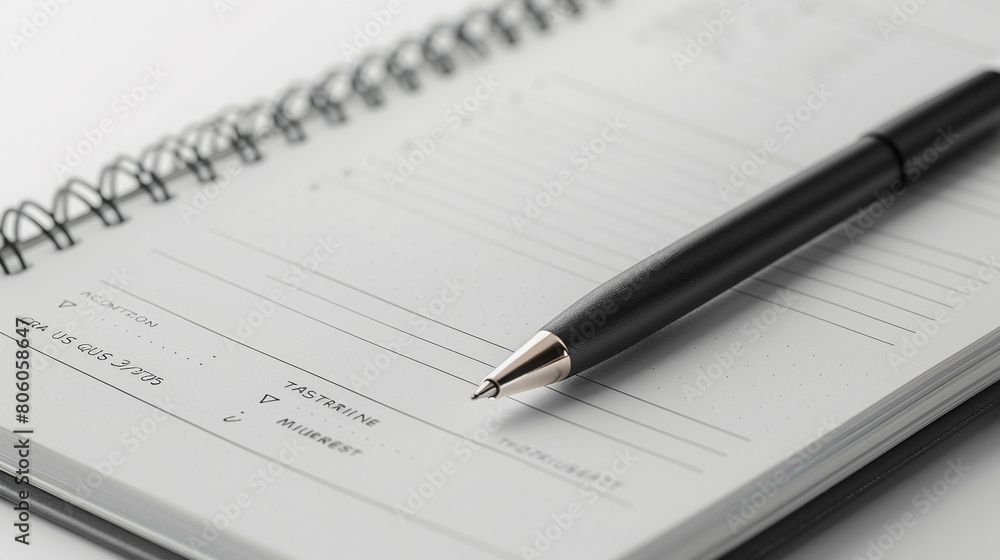 Close-up of a business planner with sections for goals, strategies, and outcomes, isolated on a solid light gray background, Close-up of a business planner with sections for goals, strategies, and outcomes, isolated on a solid light gray background,