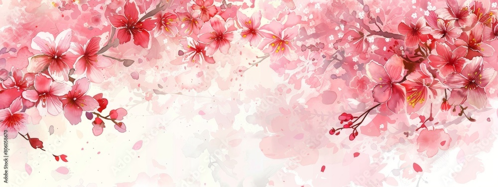 cherry blossom, watercolor background, pink and red color palette, vector illustration, white background, cherry blossoms in the foreground, very detailed, pastel colors, clipart style.