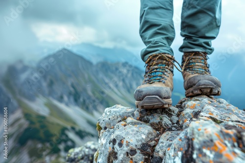 Close up of a man's feet in hiking boots standing on a rock with a mountainous landscape in the background © Adobe Contributor