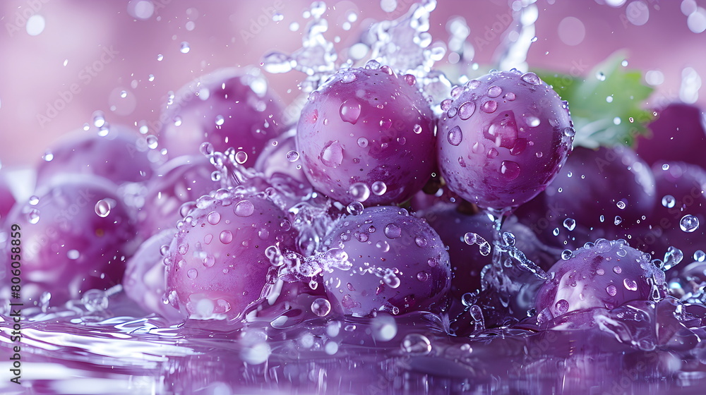 water splashing onto a purple grape, in the style of cleared background, Fresh, clean fruit juice with a purple grape flavor, a flavored fruit drinks, fresh fruit products from organic gardens. water splashing onto a purple grape, in the style of cleared background, Fresh, clean fruit juice with a purple grape flavor, a flavored fruit drinks, fresh fruit products from organic gardens.