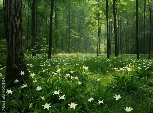 White flowers blooming in a dense green forest photo