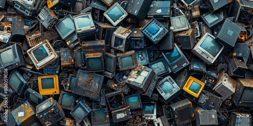 A pile of discarded televisions with a yellow television in the foreground