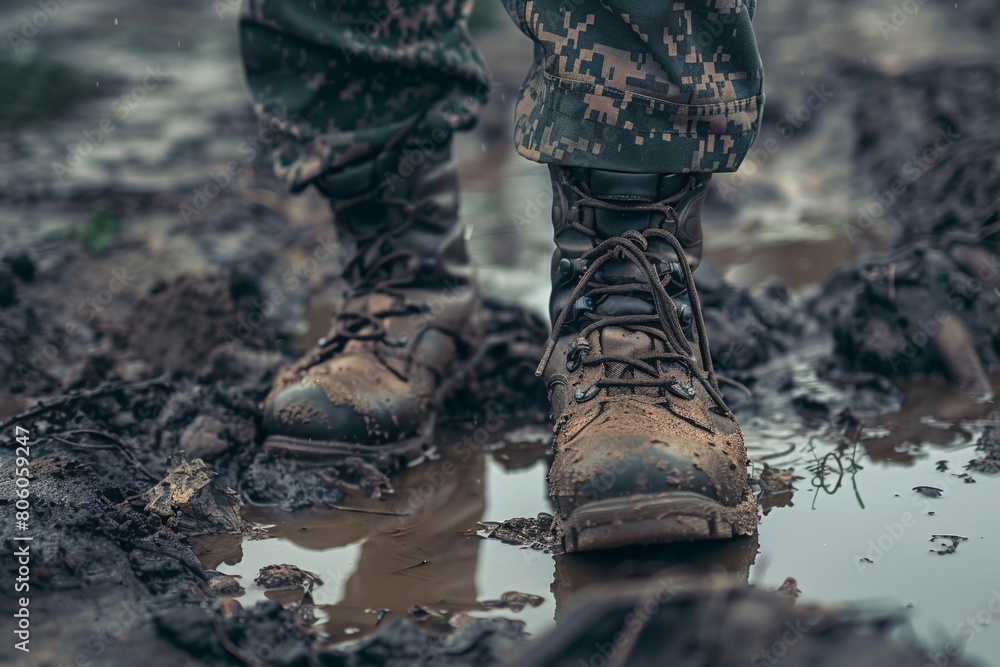 Detailed image of worn soldier boots stepping through a puddle in a war zone