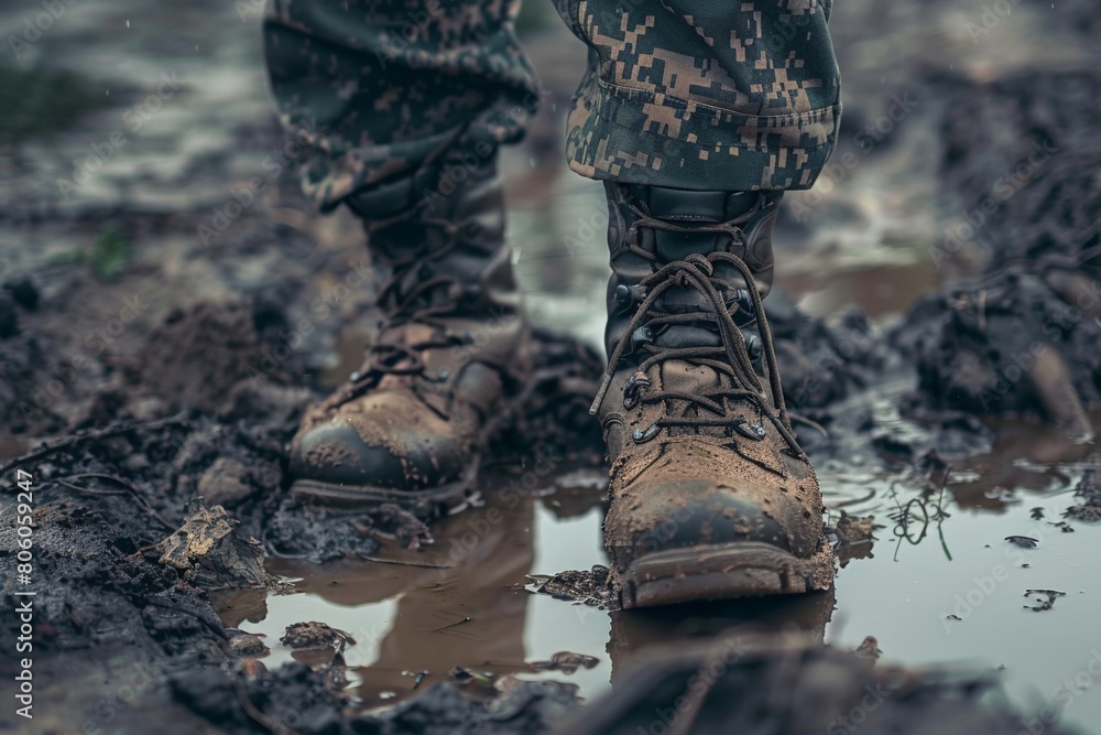 Detailed image of worn soldier boots stepping through a puddle in a war zone Detailed image of worn soldier boots stepping through a puddle in a war zone