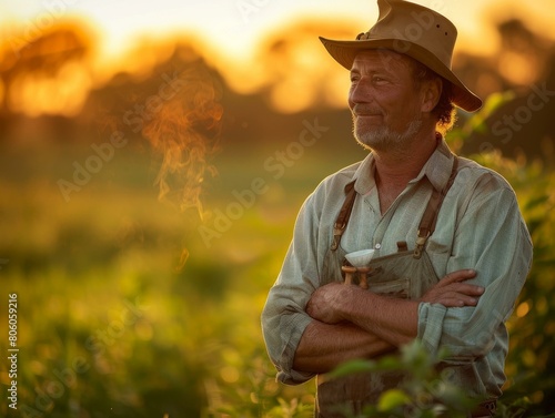 A farmer is standing in a field of wheat at sunset. photo